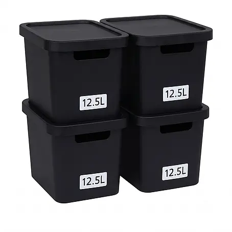 Plastard  Aufbewahrungsbox-Set 4er-Set 12,5 Liter in Schwarz mit Deckel – Stapelboxen, Lagerboxen