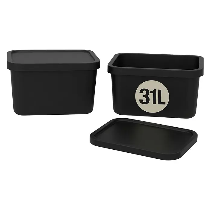 Plastard Aufbewahrungsbox-Set 2er-Set 31 Liter in Schwarz mit Deckel – Stapelboxen, Lagerboxen - L x B x H: 45,5 x 33,5 x 25 cm, Kunststoff, Schwarz, 2 Stk. - Schwarze Aufbewahrungsboxen mit Deckeln; eine zeigt ein 31L Fassungsvermögen.
