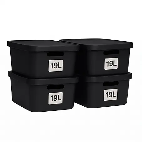 Plastard  Aufbewahrungsbox-Set 4er-Set 19 Liter in Schwarz mit Deckel – Stapelboxen, Lagerboxen