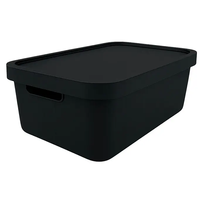 Plastard Aufbewahrungsbox-Set 2er-Set 7,5 Liter in Schwarz mit Deckel – Stapelboxen, Lagerboxen - L x B x H: 32 x 22 x 15 cm, Kunststoff, Schwarz, 2 Stk. - Schwarze rechteckige Aufbewahrungsbox mit Deckel und seitlichen Griffen.