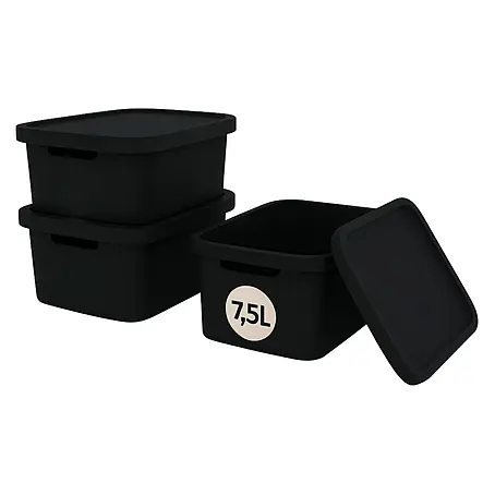 Plastard  Aufbewahrungsbox-Set 3er-Set 7,5 Liter in Schwarz mit Deckel – Stapelboxen, Lagerboxen