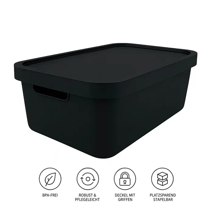 Plastard Aufbewahrungsbox-Set 2er-Set 7,5 Liter in Schwarz mit Deckel – Stapelboxen, Lagerboxen - L x B x H: 32 x 22 x 15 cm, Kunststoff, Schwarz, 2 Stk. - Schwarze Aufbewahrungsbox mit Deckel und integrierten Griffen, robust und stapelbar.