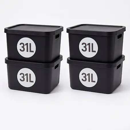 Plastard  Aufbewahrungsbox-Set 4er-Set 31 Liter in Schwarz mit Deckel – Stapelboxen, Lagerboxen