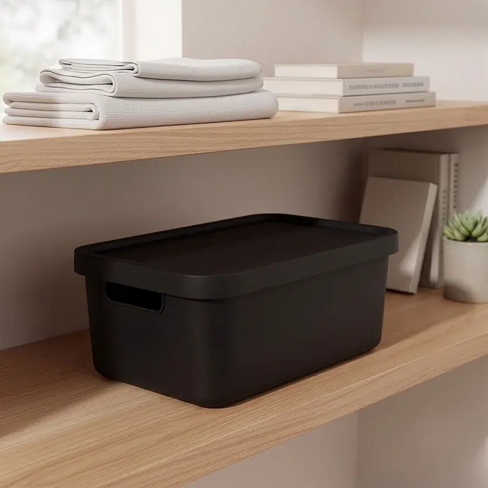 Plastard Aufbewahrungsbox-Set 4er-Set 31 Liter in Schwarz mit Deckel – Stapelboxen, Lagerboxen - L x B x H: 45,5 x 33,5 x 25 cm, Kunststoff, Schwarz, 4 Stk. - Schwarze Aufbewahrungsbox mit Deckel auf einem Holzregal, Teil einer ordentlichen Aufbewahrungslösung.