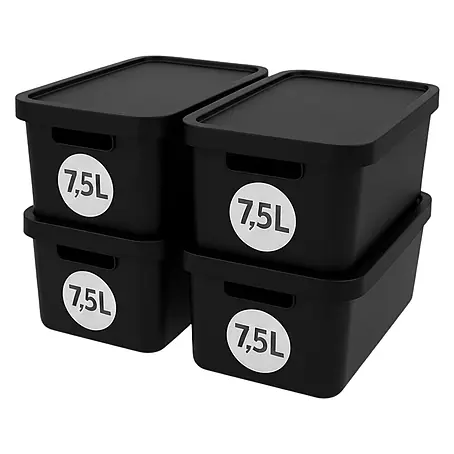 Plastard  Aufbewahrungsbox-Set 4er-Set 7,5 Liter in Schwarz mit Deckel – Stapelboxen, Lagerboxen
