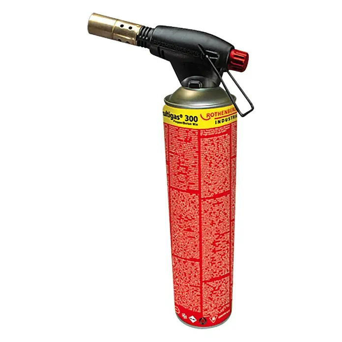 Rothenberger Industrial Unidad de soldadura de alto rendimiento ROFIRE - 1.950 °C, Encendido piezoeléctrico - Imagen de un Rothenberger Multigas 300 con un cabezal de quemador adjunto, adecuado para diversas aplicaciones.