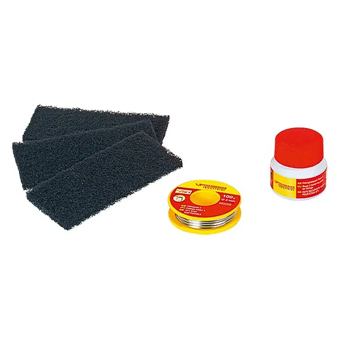 Rothenberger Industrial Set de soldadura blanda - 5 pzs. - Accesorios de soldadura: esponjas de limpieza, rollo de soldadura y fundente para trabajos de soldadura de precisión.