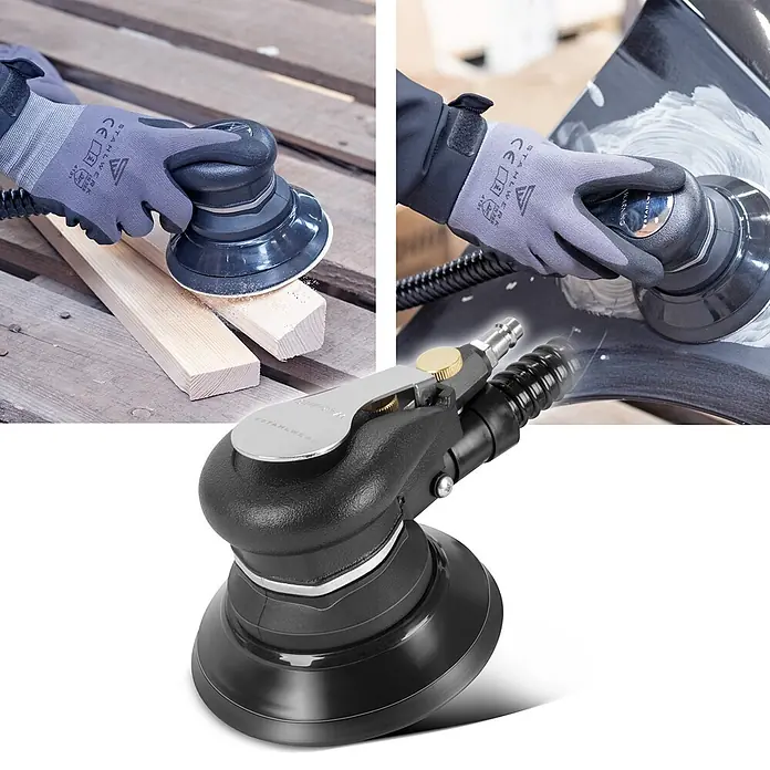 STAHLWERK Druckluft-Exzenterschleifer DES-125 ST -  - Schwarzer Druckluft-Exzenterschleifer mit ergonomischem Design, beim Schleifen von Holz und einer Karosserie gezeigt.