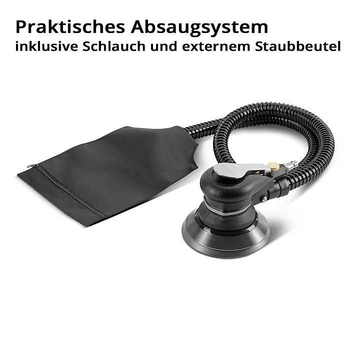 STAHLWERK Druckluft-Exzenterschleifer DES-125 ST -  - Ein schwarzer Exzenterschleifer mit integriertem Absaugschlauch und externem Staubbeutel für sauberes Schleifen.