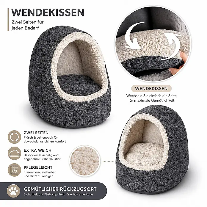 belviona Haustierbett - 40 x 35 x 38 cm, Polyester, dunkelgrau - Dunkelgraue Haustierhöhle mit cremefarbenem Plüsch-Interieur. Mit wendbarem Kissen, eine Seite Plüsch, die andere in Leinenoptik.