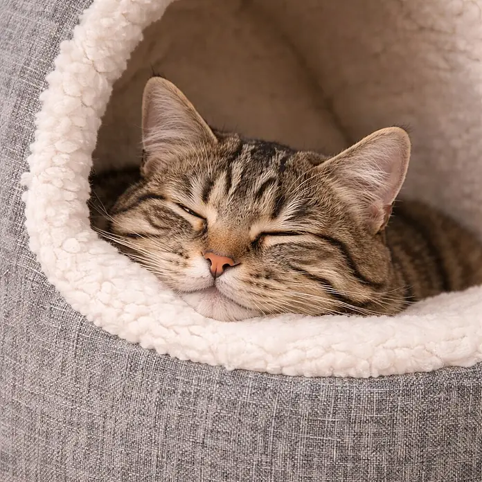 belviona Haustierbett - 40 x 35 x 38 cm, Polyester, hellgrau - Eine getigerte Katze schläft gemütlich in einem grauen Stoff-Katzenbett mit plüschigem weißem Teddyfutter.