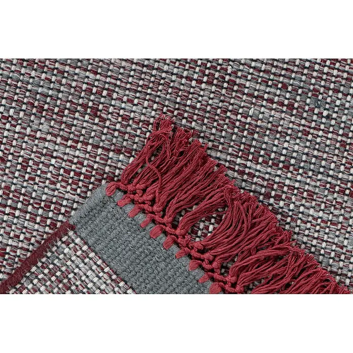 Kayoom Fransenteppich Nomad 8064 - Grau/Rot, 240 x 170 cm, 70 % Wolle, 25 % Baumwolle, 5 % Viskose - Gewebter Teppich mit rot-grau-weißem Karomuster, einem einfarbigen grauen Band und roten Fransen.