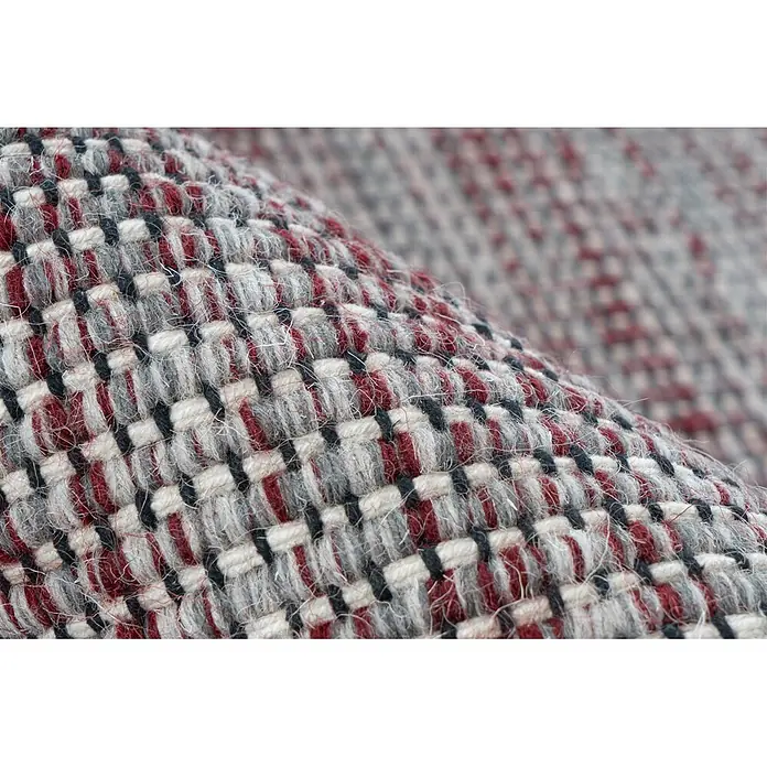 Kayoom Fransenteppich Nomad 8064 - Grau/Rot, 240 x 170 cm, 70 % Wolle, 25 % Baumwolle, 5 % Viskose - Gewebter Stoff mit sichtbarer Textur, mit einem Muster aus roten, grauen, weißen und schwarzen Karos.
