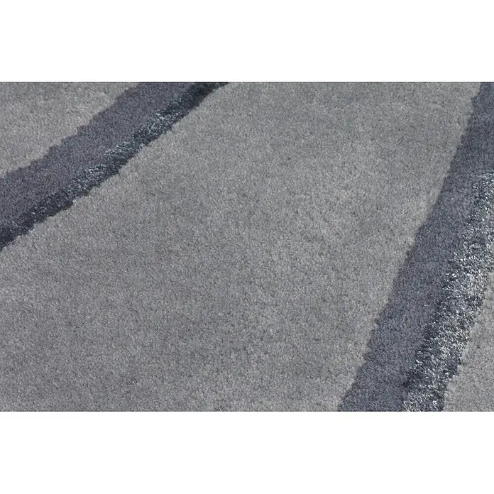 Kayoom Kurzflorteppich Satin 8063 - Grau, 180 x 120 cm, 70 % Wolle, 30 % Viskose - Grauer texturierter Teppich mit dunkelgrauen Diagonalstreifen.