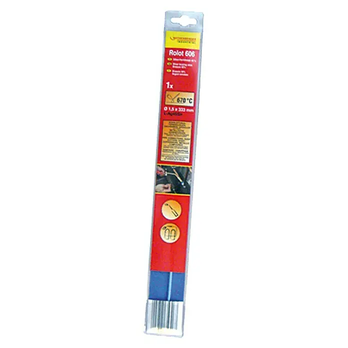 Rothenberger Industrial Hartlötstab ROLOT 601 - Schmelztemperatur: 920 °C, 5 Stk. - Abbildung einer Stange Lötzinn Rolot 606 in einer länglichen Verpackung.