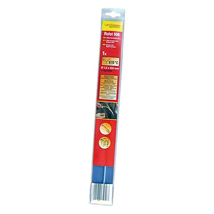 Rothenberger Industrial Hartlötstab ROLOT 607 - Ø x L: 2 x 333 mm, Schmelztemperatur: 710 °C, 5 Stk. - Eine Packung Rolot 606 Silberlot-Hartlötstäbe, ideal für präzise Lötverbindungen mit hoher Festigkeit und guter Temperaturresistenz.