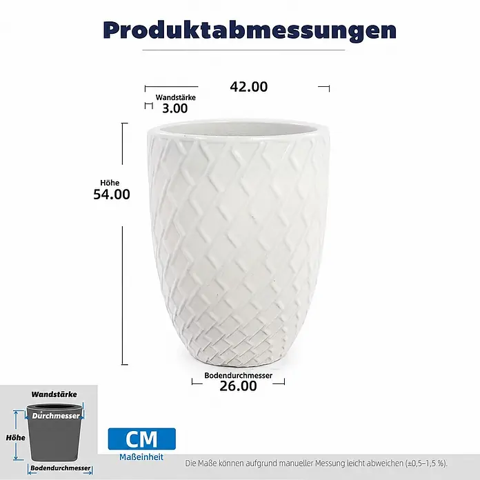 SONNENH Pflanztopf - 1 Stk., Außenmaß (Ø x H): 42 x 54 cm, Keramik, Weiß - Weißer, strukturierter Pflanztopf mit Muster.