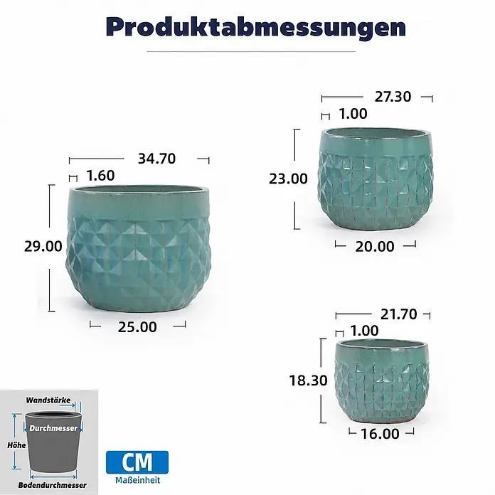 SONNENH Pflanztopf - 3 Stk., Keramik, Blau - Drei teal-farbene Keramik-Pflanzgefäße mit geprägten geometrischen Mustern, die verschiedene Maße in CM anzeigen.