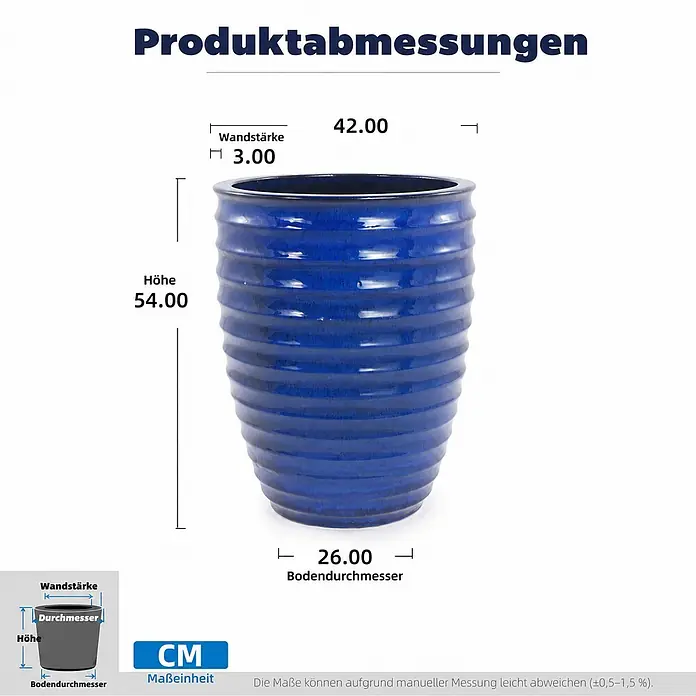 SONNENH Pflanztopf - 1 Stk., Außenmaß (Ø x H): 42 x 54 cm, Keramik, Blau - Blauer, geriffelter Pflanzkübel mit Maßen: Höhe 54 cm, Öffnungsdurchmesser 42 cm, Wandstärke 3 cm, Bodendurchmesser 26 cm.
