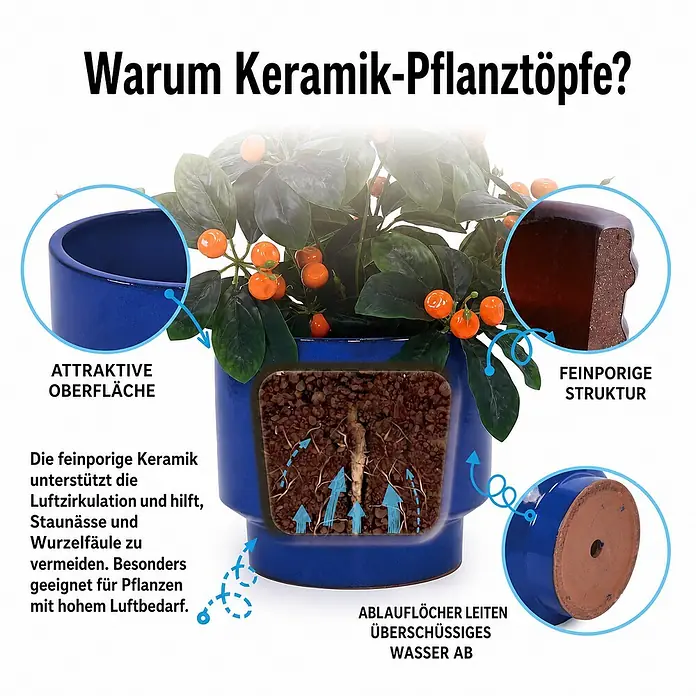 SONNENH Pflanztopf - Keramik, Blau - Blauer Keramik-Pflanztopf mit feinporiger Struktur und Drainagelöchern, fördert Luftzirkulation und verhindert Wurzelfäule.