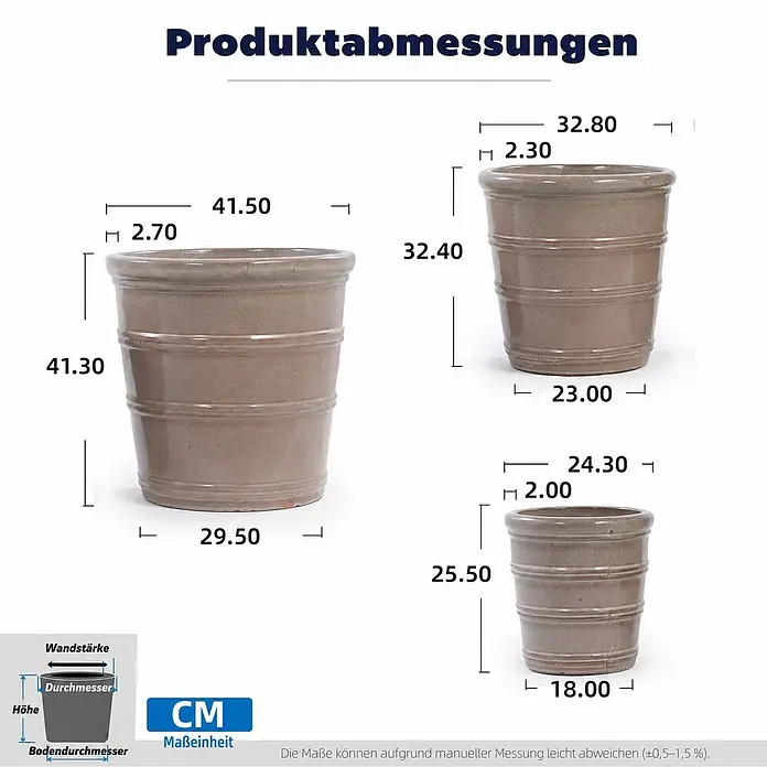 SONNENH Pflanztopf - 3 Stk., Keramik, Braun - Drei gerippte beigefarbene Keramik-Pflanztöpfe in verschiedenen Größen, mit detaillierten Maßen (Höhe, oberer und unterer Durchmesser) in Zentimetern.
