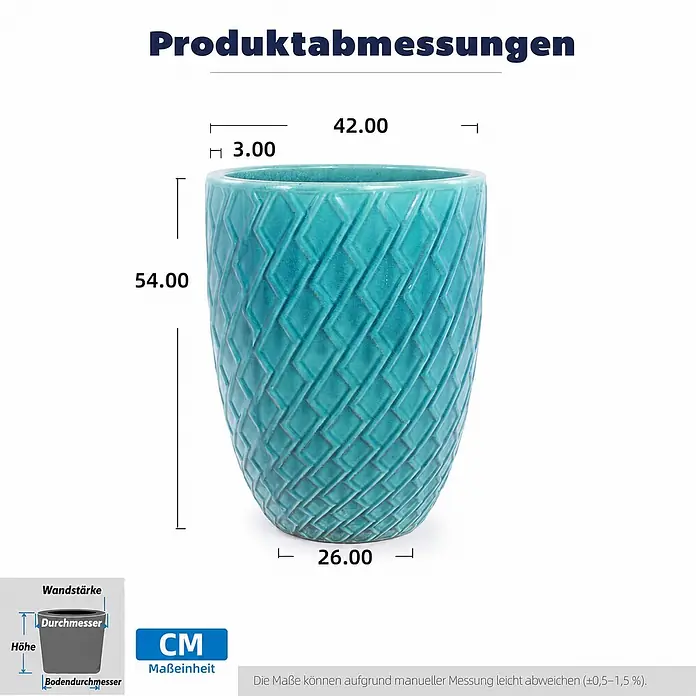 SONNENH Pflanztopf - 1 Stk., Außenmaß (Ø x H): 42 x 54 cm, Keramik, Blau - Ein türkiser Keramik-Pflanztopf mit strukturiertem Rautenmuster.