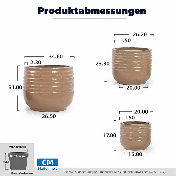 SONNENH Pflanztopf - 3 Stk., Keramik, Braun - Drei braune, gerippte Keramik-Pflanztöpfe in verschiedenen Größen mit Maßangaben.