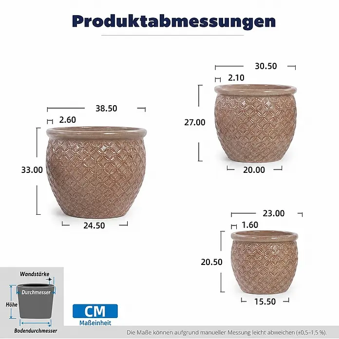 SONNENH Pflanztopf - 3 Stk., Keramik, Beige - Drei braune, gemusterte Blumentöpfe in verschiedenen Größen, dargestellt mit Höhen-, Ober- und Bodendurchmesser in Zentimetern.