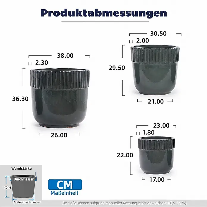 SONNENH Pflanztopf - 3 Stk., Keramik, Grün - Drei dunkelgrüne Keramik-Pflanztöpfe in drei Größen mit detaillierten Maßangaben.