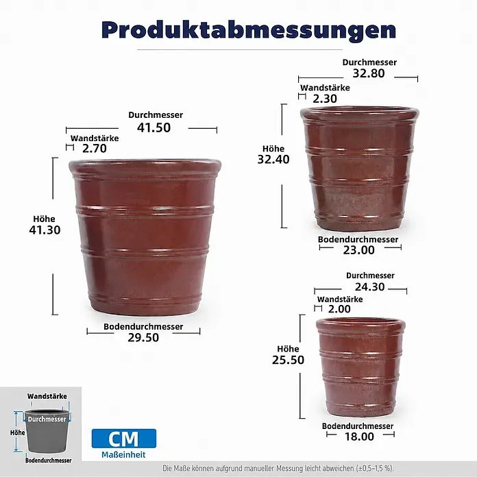 SONNENH Pflanztopf - 3 Stk., Keramik, Braun - Drei braune Blumentöpfe unterschiedlicher Größen mit detaillierten Abmessungen in Zentimetern.