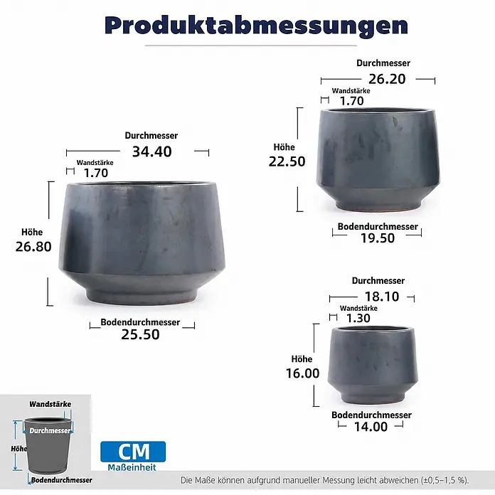 SONNENH Pflanztopf - 3 Stk., Keramik, Schwarz - Drei dunkelgraue Pflanztöpfe mit Produktabmessungen in verschiedenen Größen.