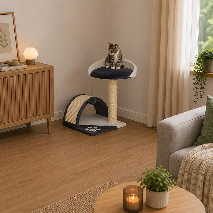 belviona Kratzbaum - 43 x 43 x 43 cm, Textil, grau/weiß - Grau-weißer Katzenkratzbaum mit Sisal-Kratzflächen und gemütlichem Liegeplatz, darauf eine Katze in einem Wohnzimmer.