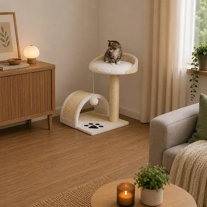 belviona Kratzbaum - 43 x 43 x 43 cm, Textil, beige/weiß - Cremefarbener Katzenbaum mit Sisal-Kratzstamm, gewölbtem Tunnel, weichem Liegeplatz und Hängespielzeug, von einem Kätzchen im Wohnzimmer genutzt.