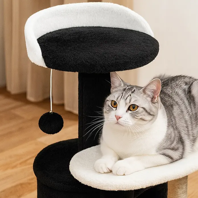 belviona Katzenkratzbaum 65 cm mit Höhle, Liegefläche & Sisal, schwarz/weiß -  - Schwarz-weißer Plüsch-Katzenbaum mit Katze, die auf einer unteren Plattform entspannt.