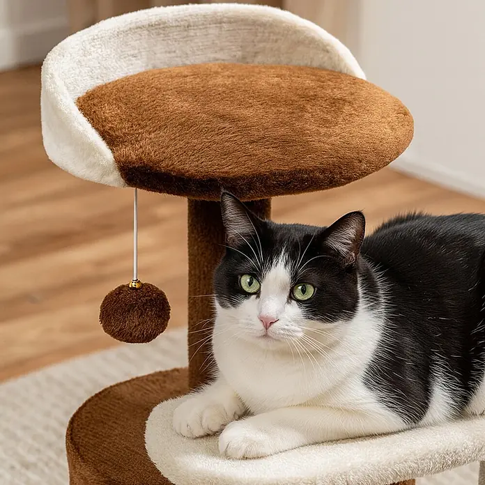 belviona Kratzbaum - 45 x 45 x 65 cm, Textil, braun/beige - Eine schwarz-weiße Katze ruht auf einem braun-weiß plüschigen Kratzbaum mit baumelndem Spielzeug.