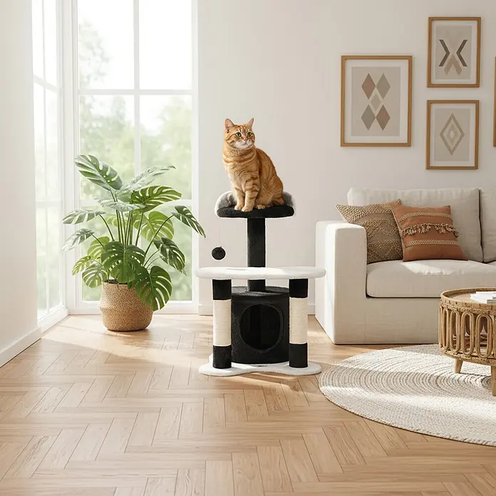 belviona Katzenkratzbaum 65 cm mit Höhle, Liegefläche & Sisal, schwarz/weiß -  - Ein mehrstöckiger Katzenbaum in Schwarz-Weiß mit Kratzpfosten, oben sitzt eine orangefarbene Katze. Er bietet einen gemütlichen Unterschlupf.