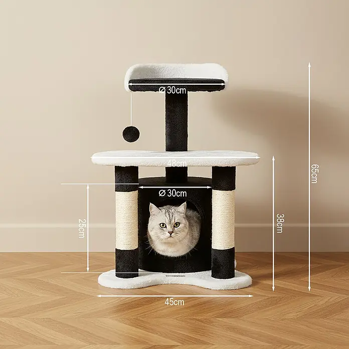 belviona Katzenkratzbaum 65 cm mit Höhle, Liegefläche & Sisal, schwarz/weiß -  - Schwarz-weißer, mehrstufiger Katzenkratzbaum mit Kratzsäulen und einer Katze, die aus einer Höhle schaut. Maße sichtbar.