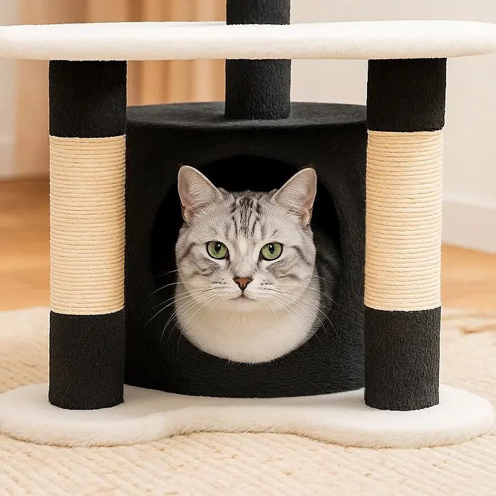 belviona Katzenkratzbaum 65 cm mit Höhle, Liegefläche & Sisal, schwarz/weiß -  - Schwarz-weißer Katzenbaum mit Sisal-Kratzstämmen und gemütlicher Höhle, aus der eine Katze herausschaut.