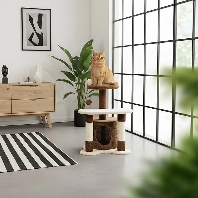 belviona Kratzbaum - 45 x 45 x 65 cm, Textil, braun/beige - Eine Ingwerkatze sitzt auf einem zweistufigen Katzenbaum in Braun und Beige mit Kratzpfosten, in einem modernen Wohnzimmer.