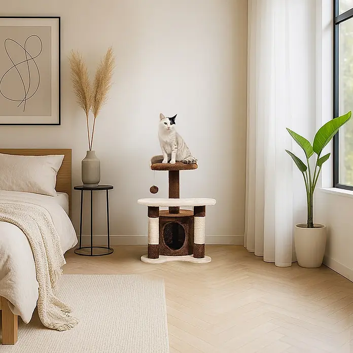 belviona Kratzbaum - 45 x 45 x 65 cm, Textil, braun/beige - Braun-beiger Katzenbaum mit mehreren Ebenen, Sisal-Kratzbaum und Katzenhöhle, mit Katze auf der oberen Plattform in einem gemütlichen Raum.