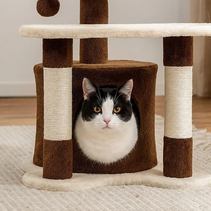 belviona Kratzbaum - 45 x 45 x 65 cm, Textil, braun/beige - Brauner und cremefarbener Plüsch-Kratzbaum mit Sisalstangen und einer Katze, die aus ihrer Höhle schaut.