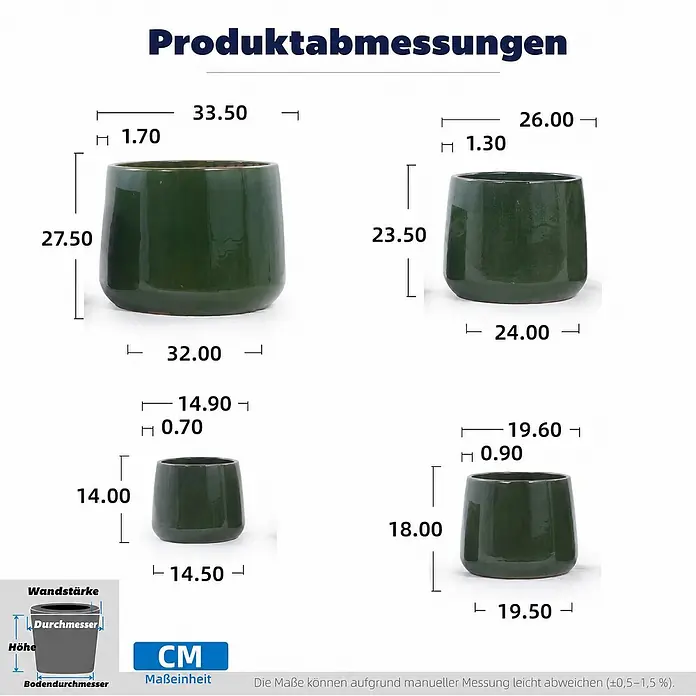 SONNENH Pflanztopf - 4 Stk., Keramik, Grün - Dunkelgrüne Keramik-Pflanzgefäße in vier Größen mit Maßangaben in Zentimetern.
