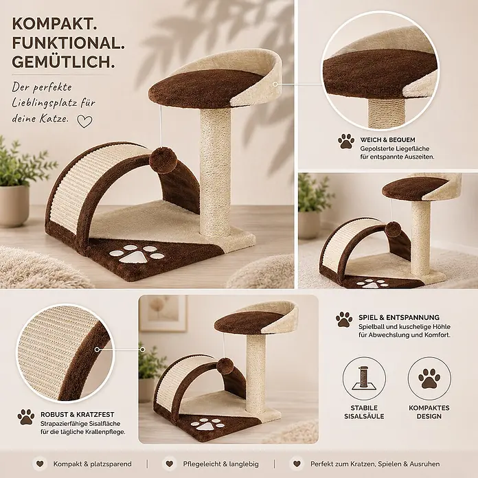belviona Kratzbaum - 43 x 43 x 43 cm, Textil, braun/beige - Brauner und beiger Katzenkratzbaum mit Sisalsäule, gepolsterter Liegefläche, Spielball und Höhle. Kompakt und funktional.