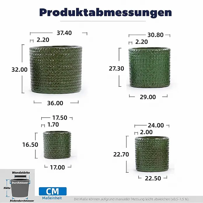 SONNENH Pflanztopf - 1 Stk., Keramik, Grün - Vier grüne, texturierte Pflanzgefäße in verschiedenen Größen mit detaillierten Maßangaben.