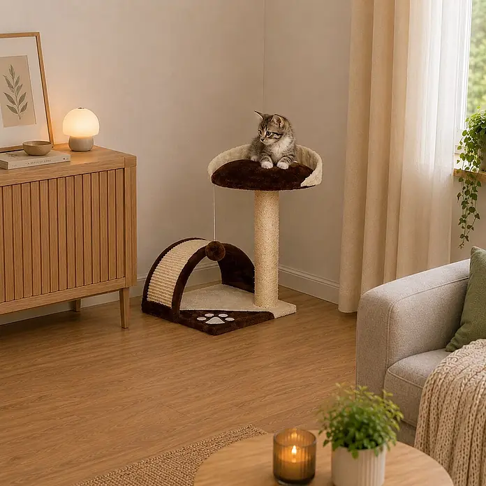 belviona Kratzbaum - 43 x 43 x 43 cm, Textil, braun/beige - Ein Kätzchen ruht auf einem braun-beigen Katzenbaum mit Kratzbaum und gemütlicher Höhlenbasis, platziert in einem Wohnzimmer.