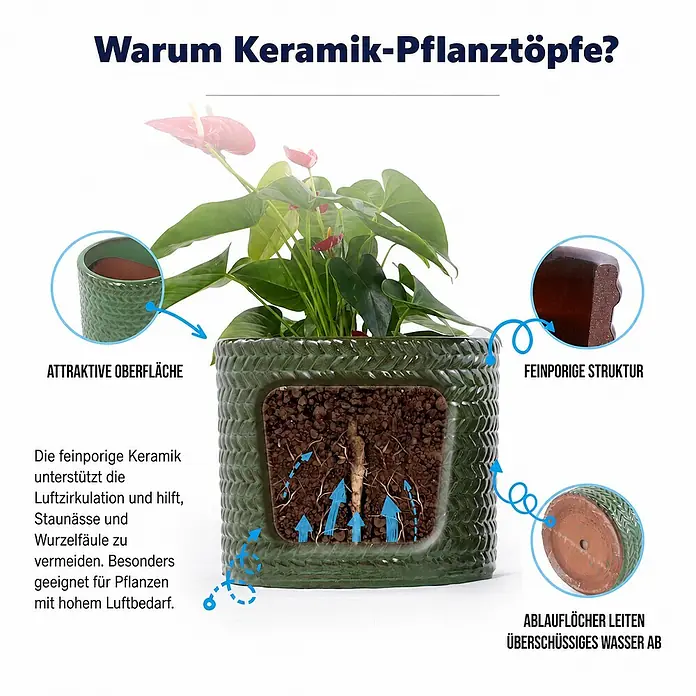 SONNENH Pflanztopf - 1 Stk., Keramik, Grün - Grüner Keramik-Pflanztopf zeigt seine Vorteile: feinporeige Struktur für Luftzirkulation, attraktive Oberfläche und Ablauföffnungen für überschüssiges Wasser.