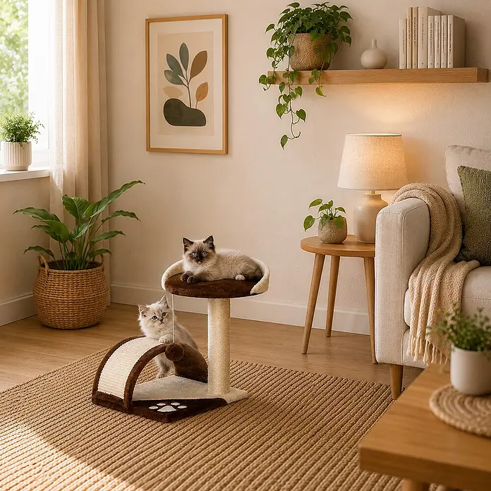 belviona Kratzbaum - 43 x 43 x 43 cm, Textil, braun/beige - Ein braun-cremefarbener Katzenkratzbaum mit mehreren Ebenen, Sisal-Kratzstamm, einer oberen Plattform und einem Tunnel, besetzt von zwei verspielten Kätzchen.