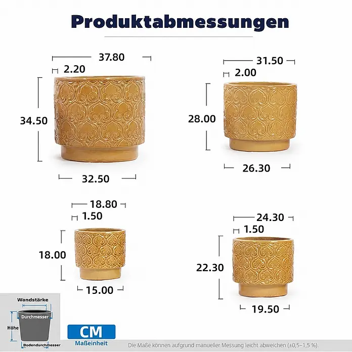 SONNENH Pflanztopf - 1 Stk., Keramik, Gelb - Vier ockerfarbene Keramik-Blumentöpfe mit geprägten Ornamenten, in verschiedenen Größen mit detaillierten Maßen dargestellt.