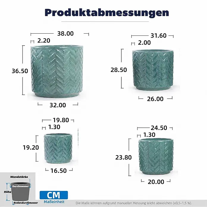 SONNENH Pflanztopf - 1 Stk., Keramik, Blau - Vier grüne gemusterte Pflanztöpfe in verschiedenen Größen, mit deutlich angegebenen Maßen (Höhe, oben, unten).