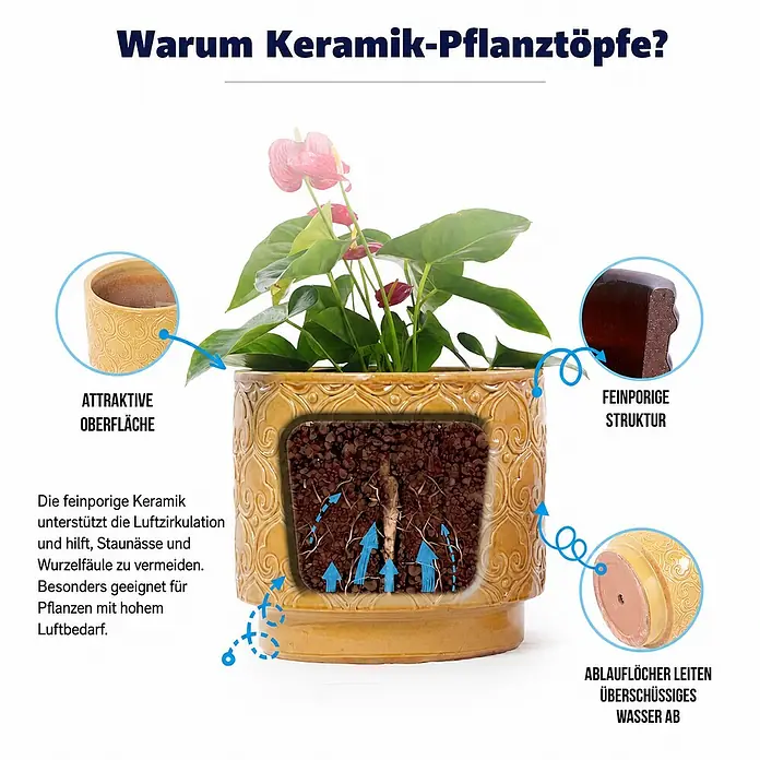 SONNENH Pflanztopf - 1 Stk., Keramik, Gelb - Beiger Keramik-Pflanztopf mit Pflanze, zeigt atmungsaktive, poröse Struktur für Drainage und attraktives Design.